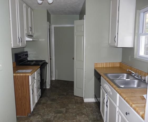 The dark, cramped, rotting, disgusting kitchen (with flooring sandwich).