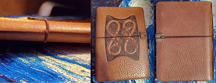 square knot on spine, front view, and back view.